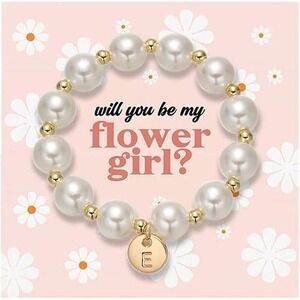 GINAZL Initial Pearl Bracelet Letter E Flower Girl Proposal Gift Set Card Pouch